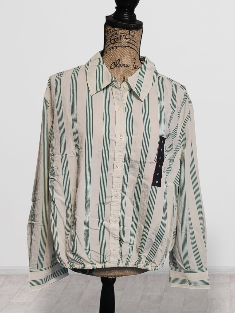 Future Collective Striped Button-Up Shirt in Cream & Green Sz 1X